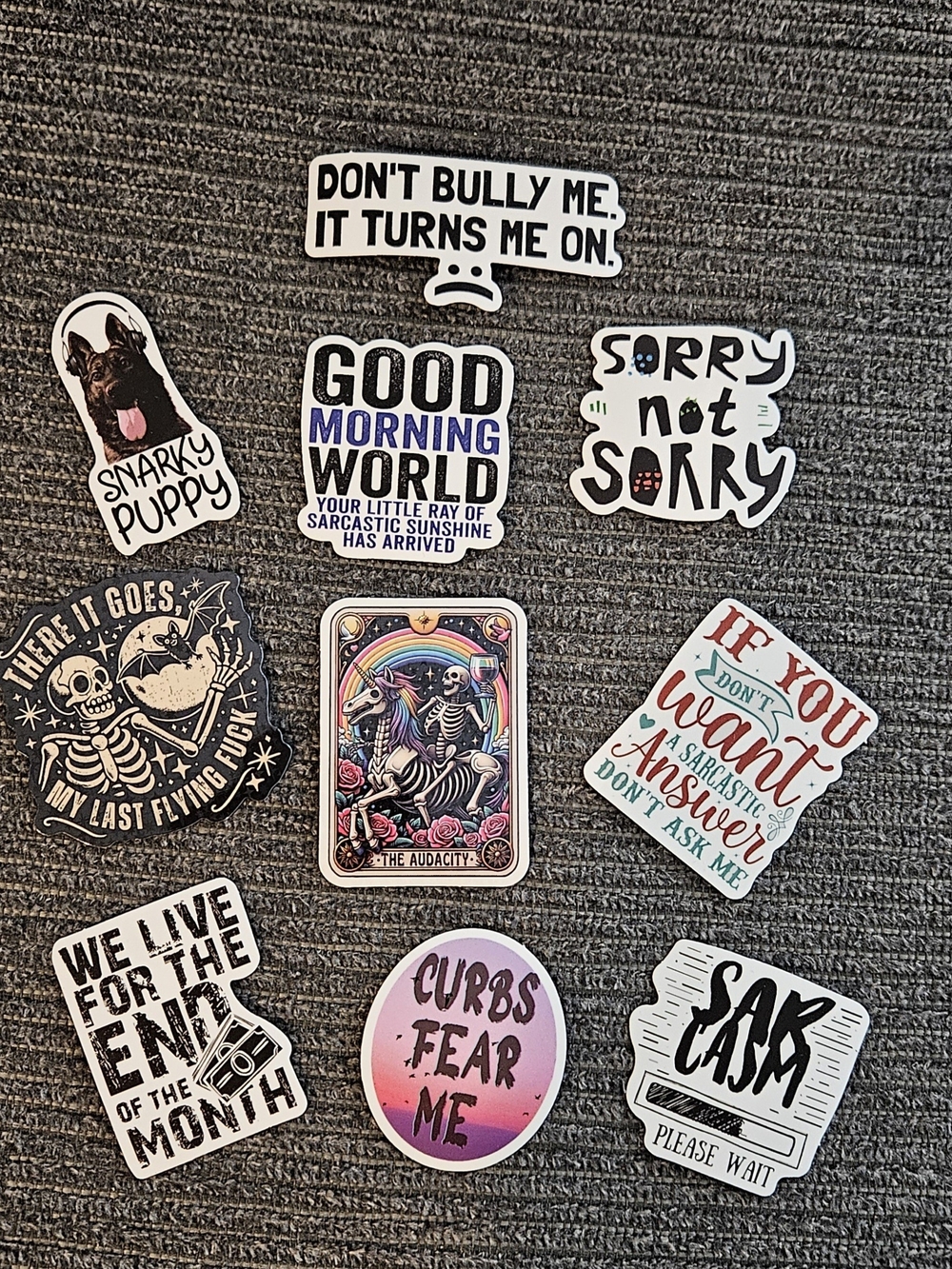 10 Humorous Assorted Sticker Pack — Colorful Pink, Black & White Designs